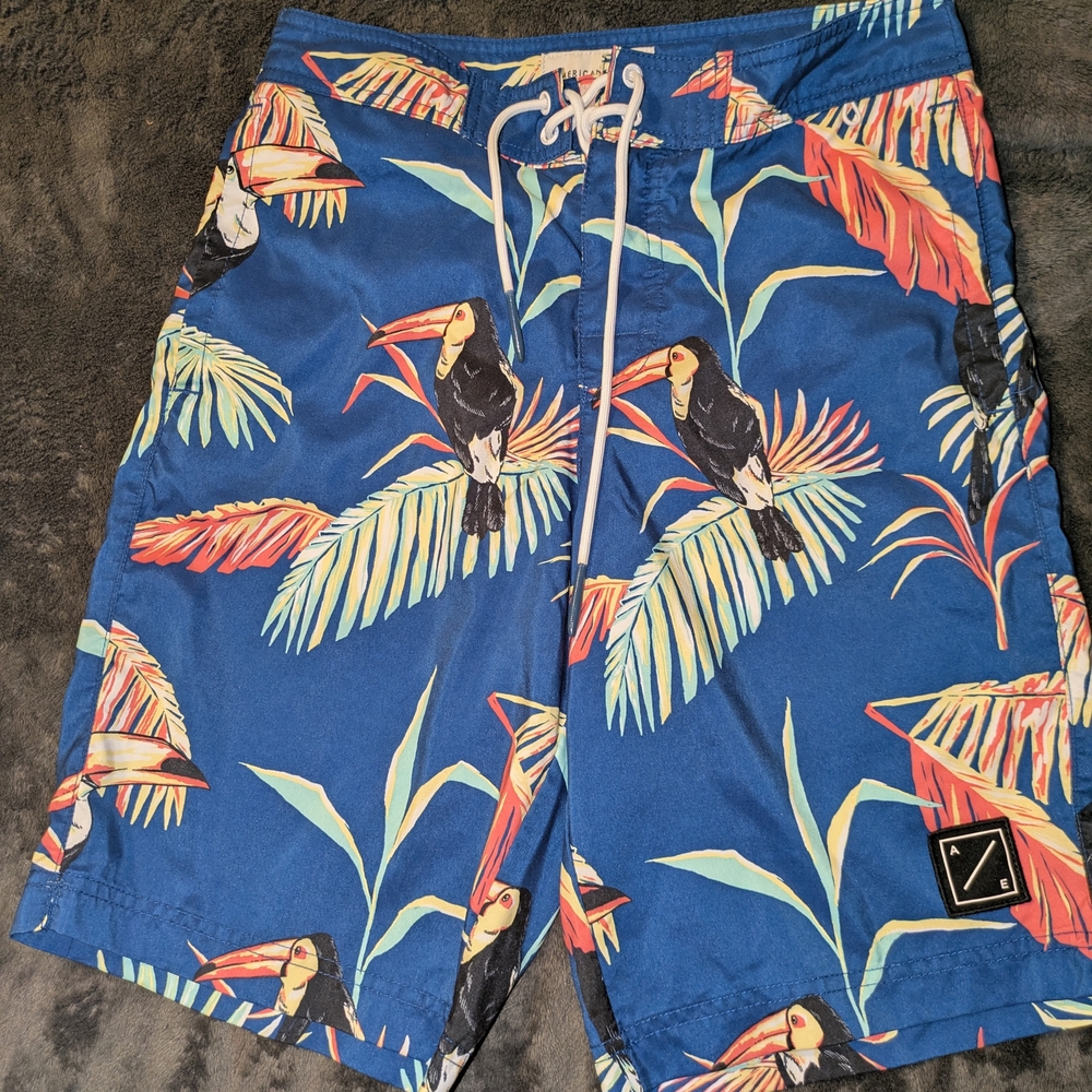 American Eagle Outfitters Blue Toucan Tropical Swim Shorts